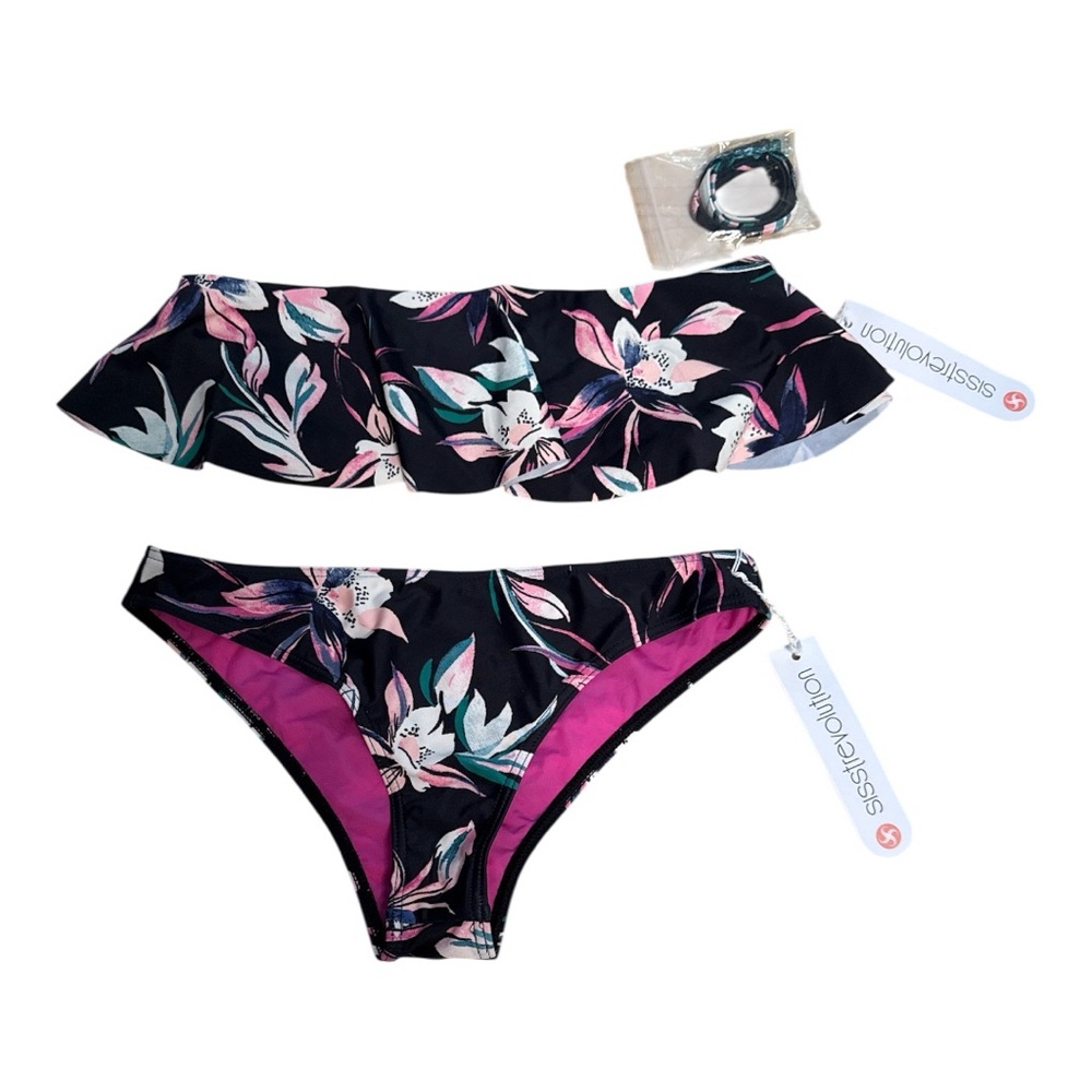 Sisstrevolution Floral  Bandeau Cheeky  Bikini Set  Black and Pink  Size Small